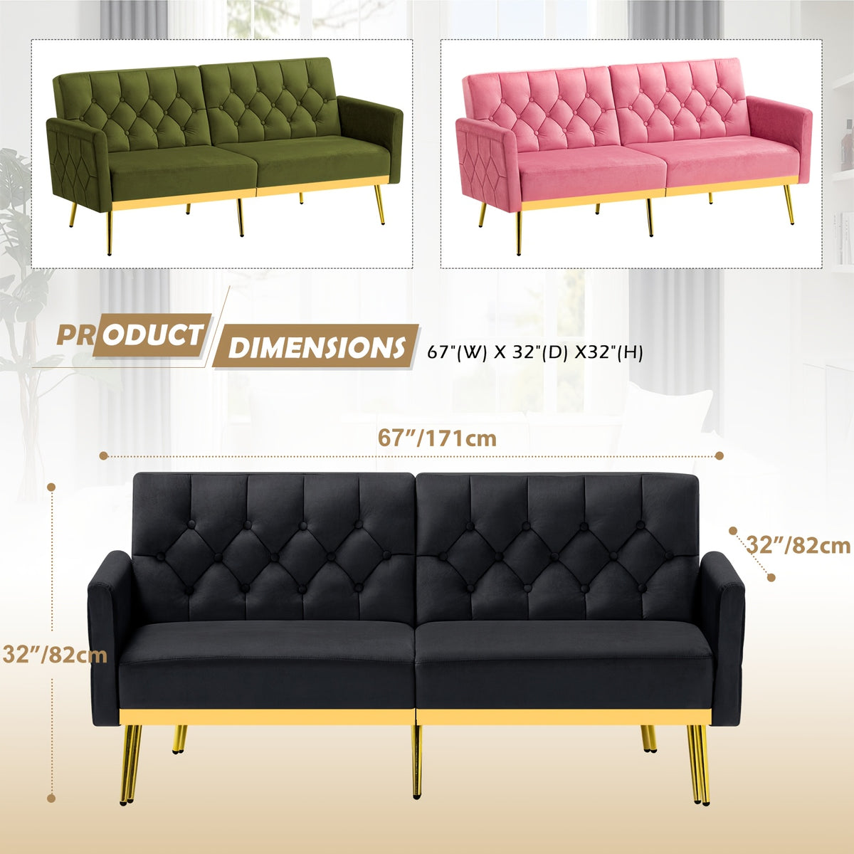 ACMEASE Velvet Sofa Bed Featuring Adjustable Armrests And Backrests, a Contemporary Recliner Sleeper Couch with a Tufted Design, a Convertible Loveseat Sofa with Golden Legs Suitable for The Living Room, Bedroom, Or Studio