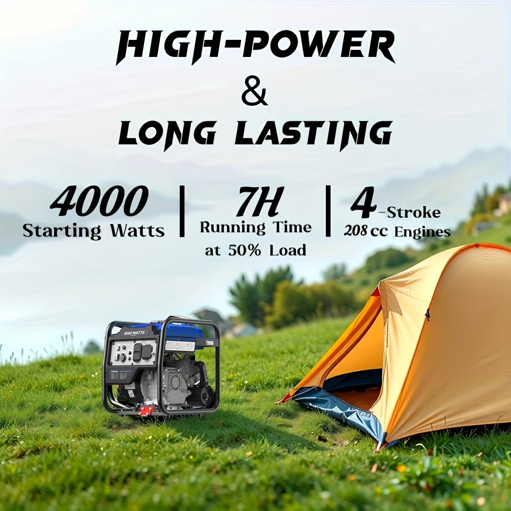 Portable Generator, 4000W High Power, Four Stroke, High Power, Suitable for Blizzard Hurricane Weather, Camping, Home RV Backup Power Dual 120V AC Sockets, USB And C-Type Ports, Reliable Power Support