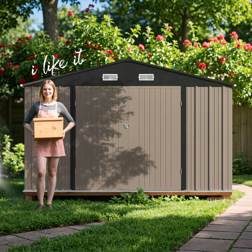 GUNJI Heavy-Duty 10X14 FT & 5X3 FT Metal Garden Shed With Double Hinged Large DoorSecure Tool Sheds & Backyard Organization For Outdoor Storage Solutions, Patio Storage, Garbage Can, Chicken Coop