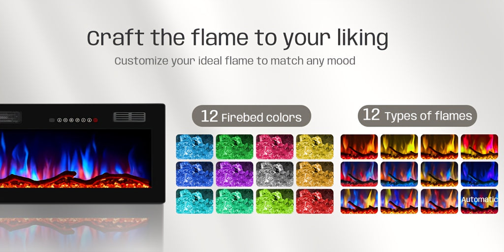 50/60/68/72 Inch Electric Fireplace, Recessed And Wall Mounted Fireplace, Fireplace Heater with Remote Control, Linear, Ultra-Thin Fireplace Heater with 12 Adjustable Flame Color, Log & Crystal Options, 750/1500W