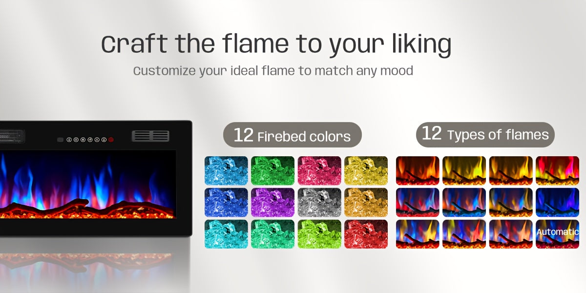 50/60/68/72 Inch Electric Fireplace, Recessed And Wall Mounted Fireplace, Fireplace Heater with Remote Control, Linear, Ultra-Thin Fireplace Heater with 12 Adjustable Flame Color, Log & Crystal Options, 750/1500W