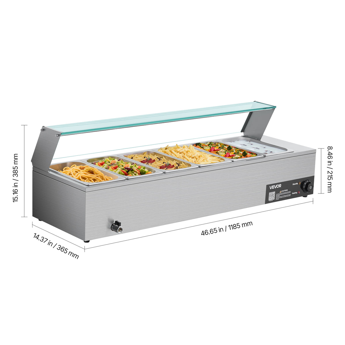 VEVOR Commercial Food Warmer, 1500W Electric Stainless Steel Steam Food Warmer with Glass Cover, 6 x 1/3 Size Pans Buffet Bain Marie with Soup & Perforated Ladles, for Catering, Restaurant & Party