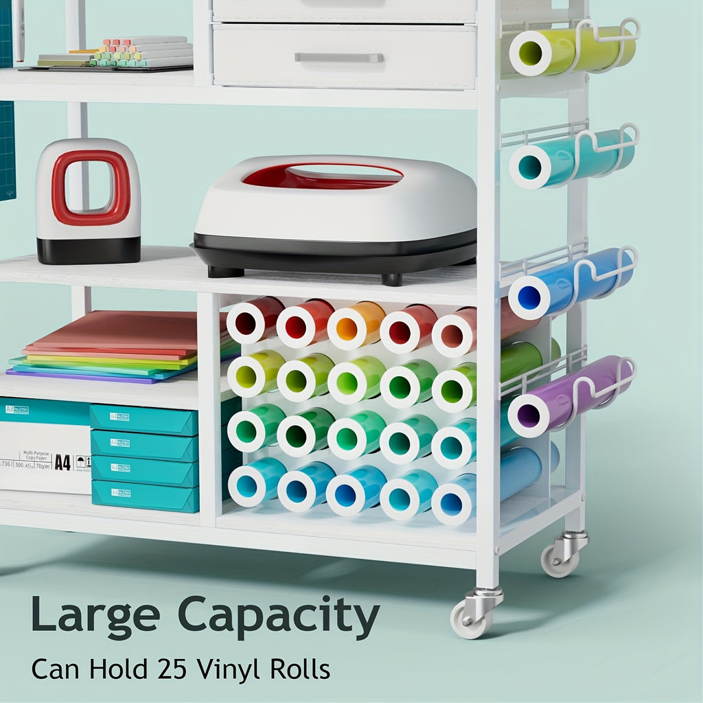 Craft Cart And Organizer Table Compatible - Rolling Storage Cart/Shelf with 20 Vinyl Roll Holders, 3 Fabric Drawer, Accessories Holder, Tool Hook for Craft Room Home, Office, Storage Cabinets