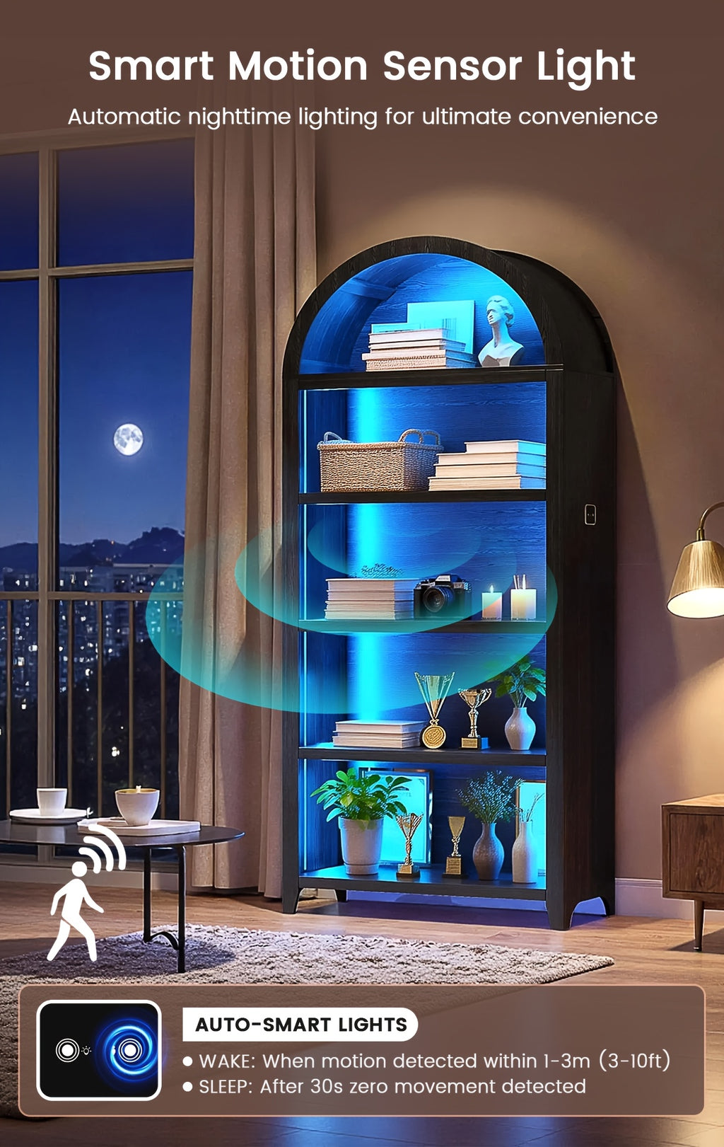 68.9" Arched Display Bookshelf Cabinet - 5-Tier Open Storage Shelf, Freestanding Tall Bookcase for Living Room, Dining Room Or Office (Multiple Finishes)