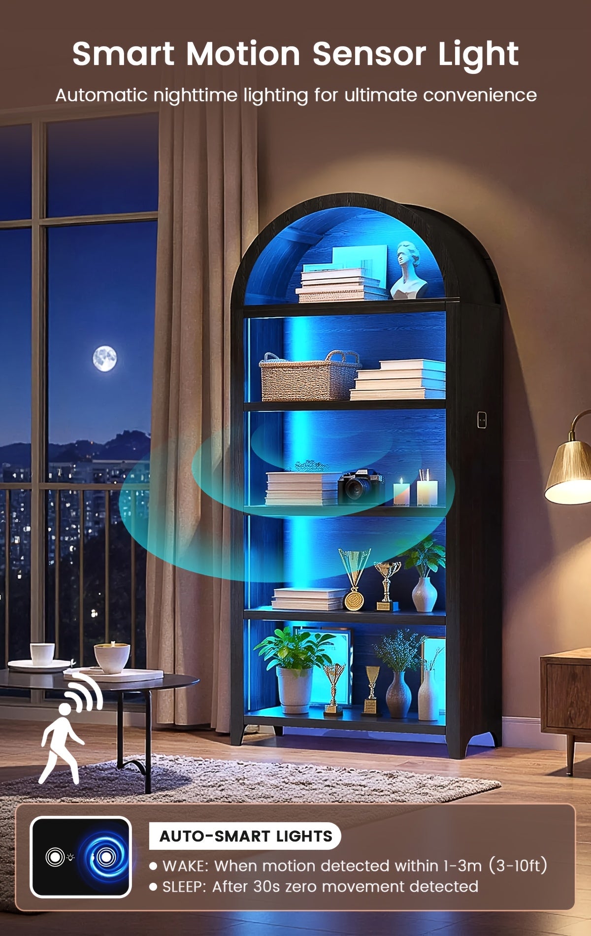 68.9" Arched Display Bookshelf Cabinet - 5-Tier Open Storage Shelf, Freestanding Tall Bookcase for Living Room, Dining Room Or Office (Multiple Finishes)