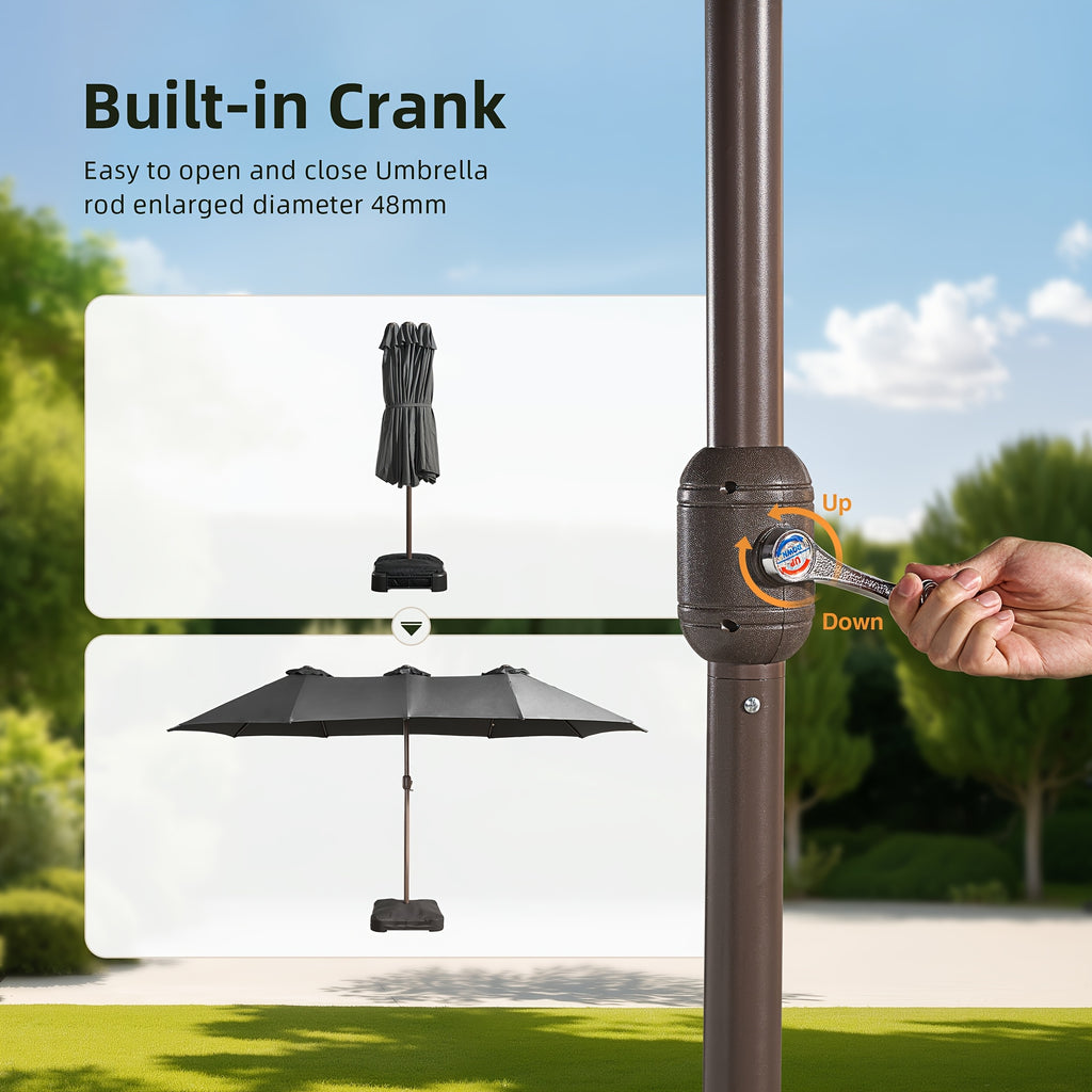 15-Foot Double-Sided Patio Umbrella (Base Included), Large Outdoor Market Table Umbrella, 36 Solar-Powered LED Lights, 12 Heavy-Duty Ribs for The Patio Umbrella, Automatic Solar Charging Providing 8 Hours of Illumination, Suitable for Terrace, Deck