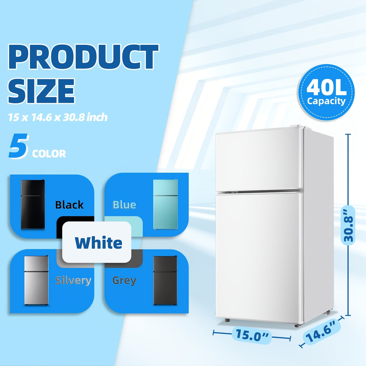 10.57gal Mini Fridge with Freezer, Double-Door Compact Refrigerator, Adjustable Glass Shelves, Mechanical Thermostat & Leveling Feet, Space-Saving for Apartment/Dorm/Office, Black
