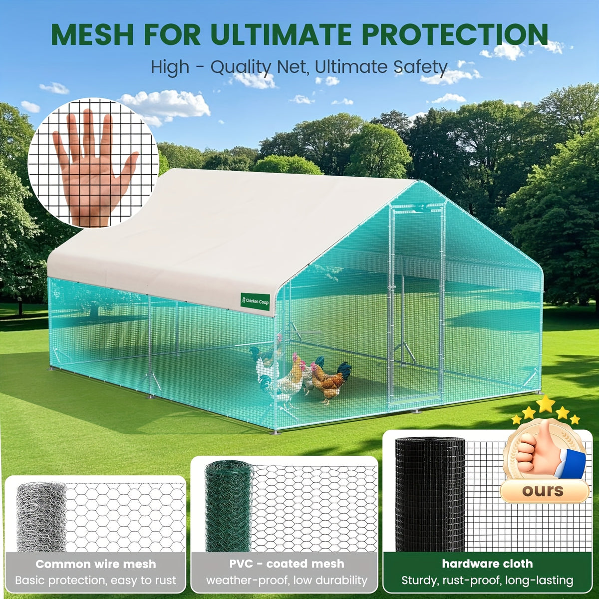 Large Walk-in Metal Chicken Coop with Chicken Run & Hardware Cloth, Solar Light, UV-Resistant Cover, Outdoor Poultry Cage for Farm Use