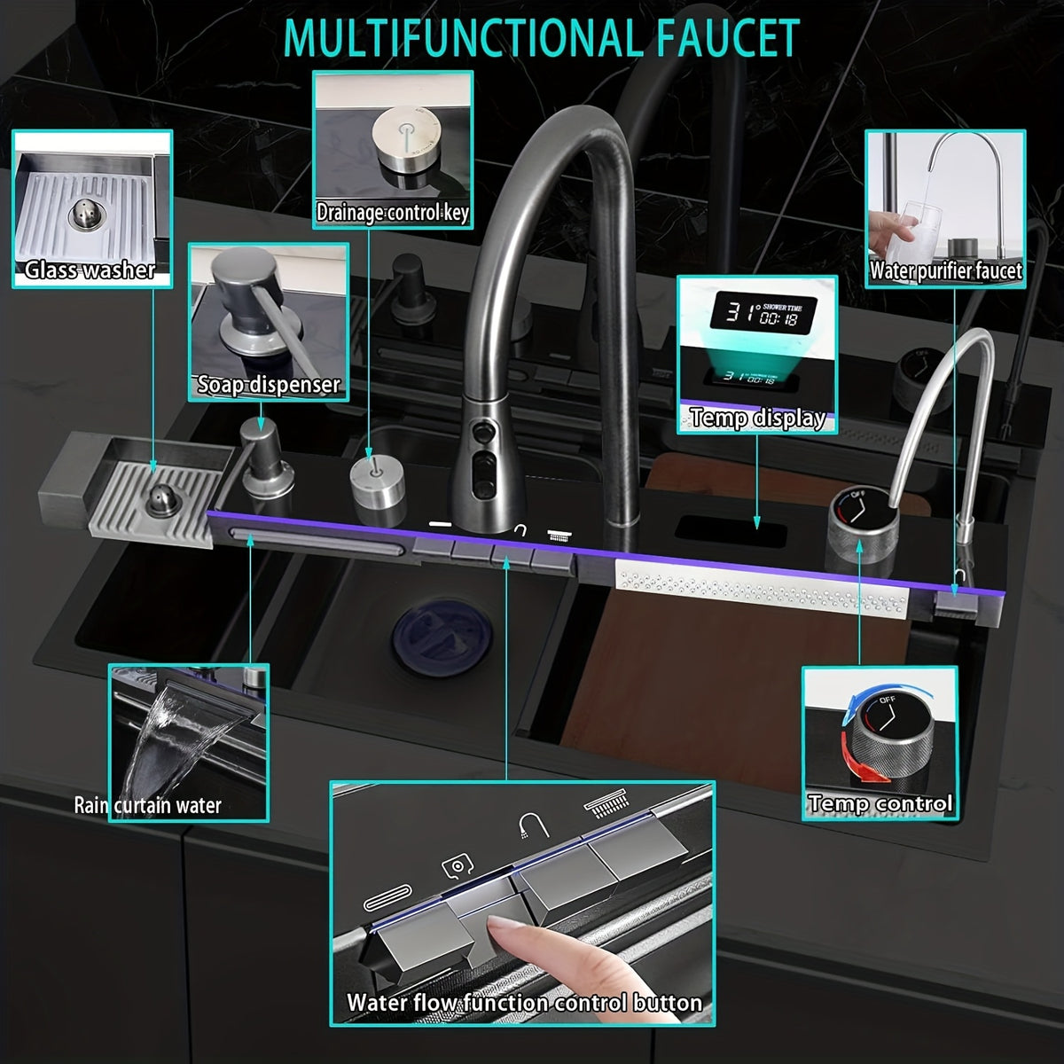 Kitchen Sink Double Waterfall Sink with LED Display with Cup Washer, Soap Dispenser, Waterfall Mixer, Worktop Controller, Etc. Workstation Kitchen Sink