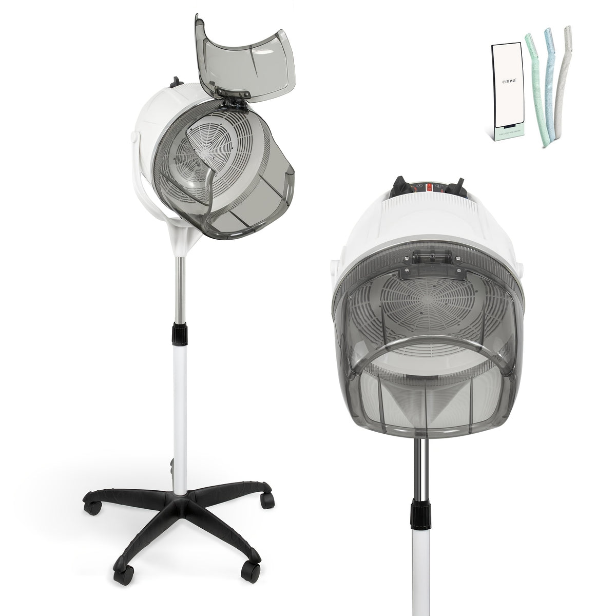 Professional Adjustable Hooded Bonnet Hair Dryer Stand with Rolling Wheels And Timer - Portable Floor-Standing Dryer for Home Salon And Beauty Spa, Bonus 3pcs Eyebrow Razors