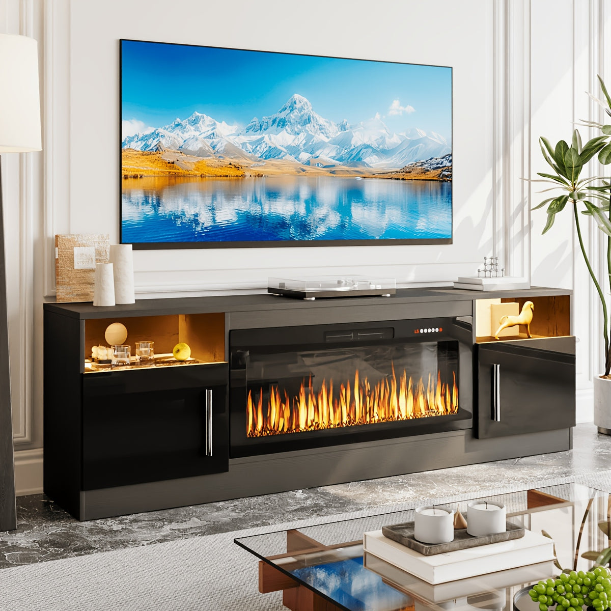 80" TV Stand Fireplace with 36" inch Electric Fireplace Up to 90" TVs, LED Light Entertainment Center, 80" Modern Wood High Gloss with Highlight Storage Cabinet for Living Room