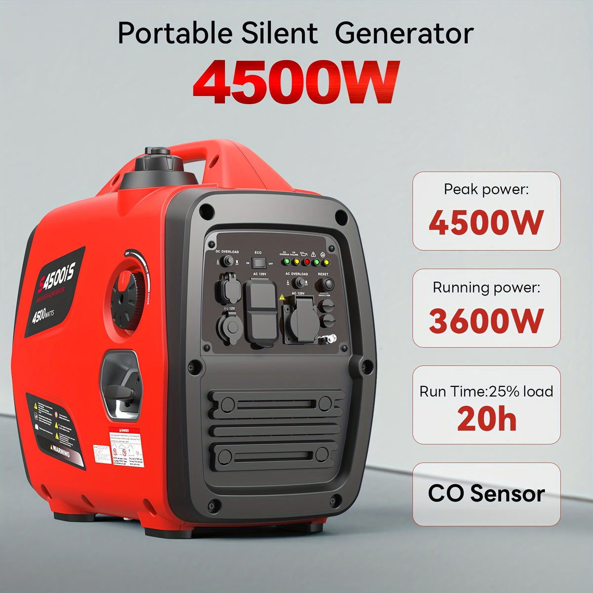 Portable Inverter Generator, Ultra Quiet, CO Alarm, Peak 2500W Rated 1900W, Peak 3200W Rated 2600W, Peak 3600W Rated 3000W, Peak 4000W Rated 3200W, Peak 4500W Rated 3600W, Ideal for Yard, Lawn, Garden, Camping, RV, Home Backup Power