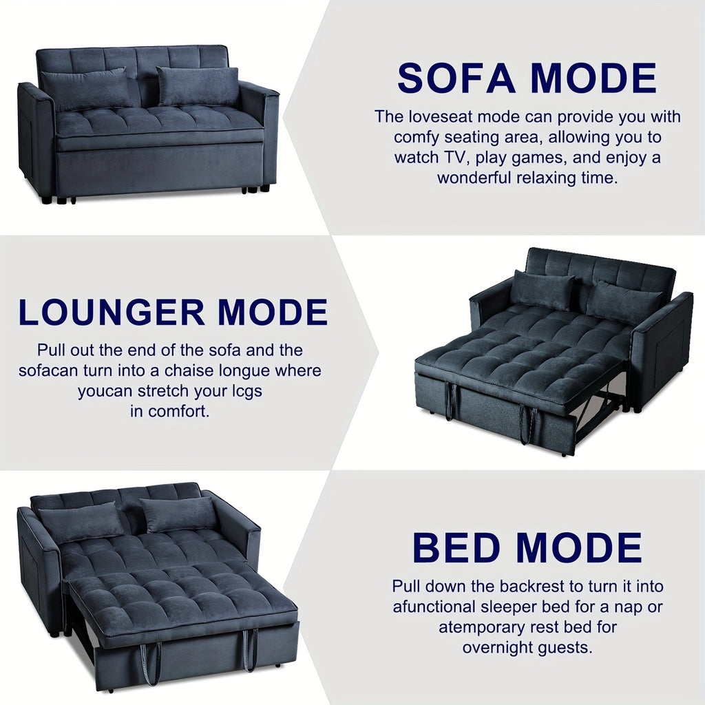 54Inch Black Velvet 3 in 1 Convertible Sleeper Sofa Bed, Futon Couches for Living Room with Side Pocket | Adjustable Backrest | Velvet Fabric | Pull Out Couch | Love-Seat Sofa | Sectional Sofa Bed | 2-Seat Sofa Bed