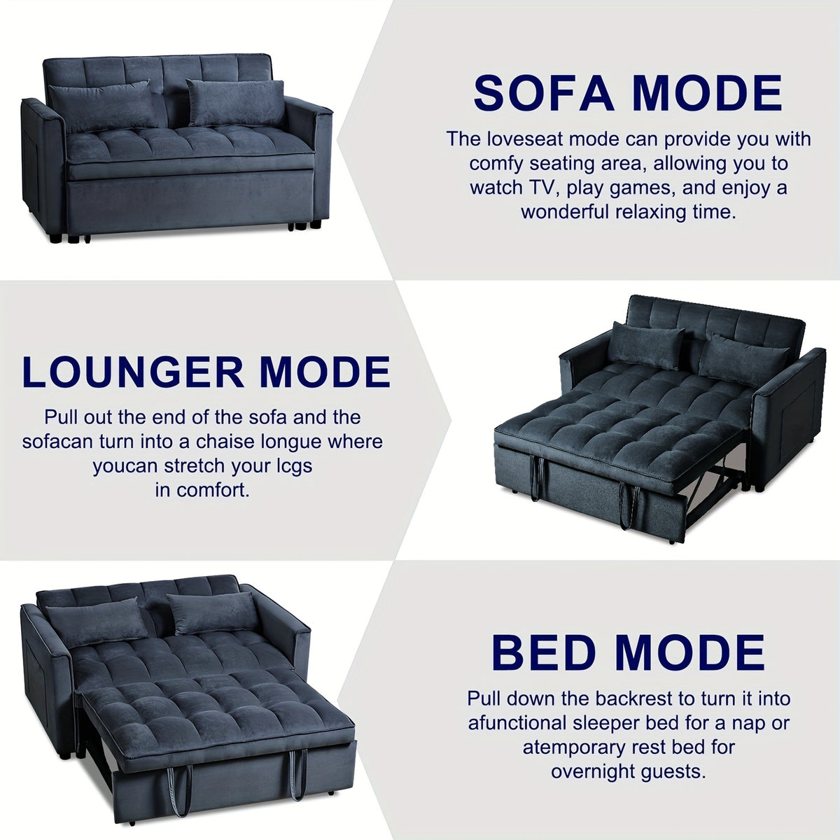54Inch Black Velvet 3 in 1 Convertible Sleeper Sofa Bed, Futon Couches for Living Room with Side Pocket | Adjustable Backrest | Velvet Fabric | Pull Out Couch | Love-Seat Sofa | Sectional Sofa Bed | 2-Seat Sofa Bed