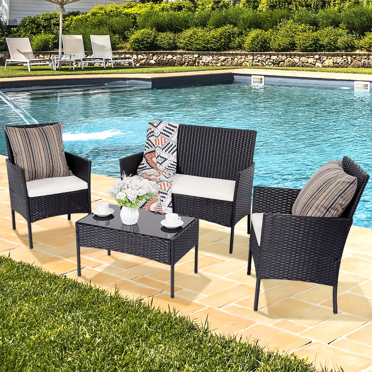 The HARAISEDK Handmade Outdoor Wicker Patio Sofa Set, Combined with A Tempered Glass Coffee Table, Is An All - Weather PE Rattan Furniture Piece That Is Applicable to Courtyards, Patios, Balconies, Backyards, Decks, Bars And Cafes.