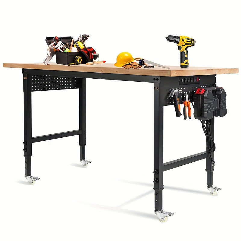 96"84"72"60"48"Adjustable Height Workbench with Power Outlet & Pegboard, 28"-40"Height Heavy Duty Solid Wood Work Table with 2000 to 5000 LBS Load Capacity for Garage, Shop, Office, Home