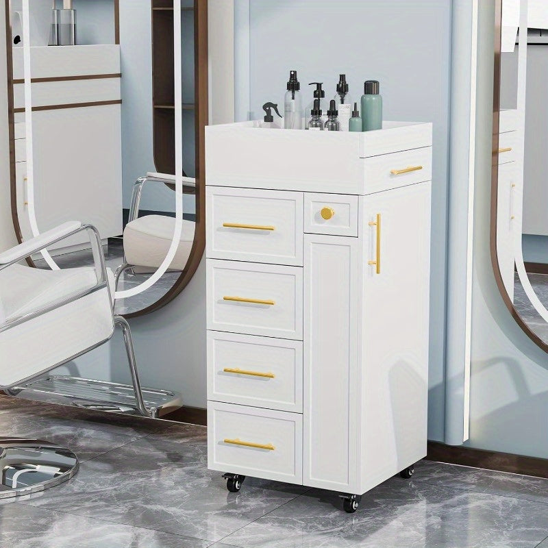 Heavy-Duty Salon Trolley Cart with 5 Drawers, 3 Tool Holders & Adjustable Shelf - Mobile Beauty Station with Locking Wheels, Large Top Surface - Sturdy Wooden Construction for Barber Shop, Salon, Spa, Home - Space-Saving Organizer Cabinet (White/Black) -