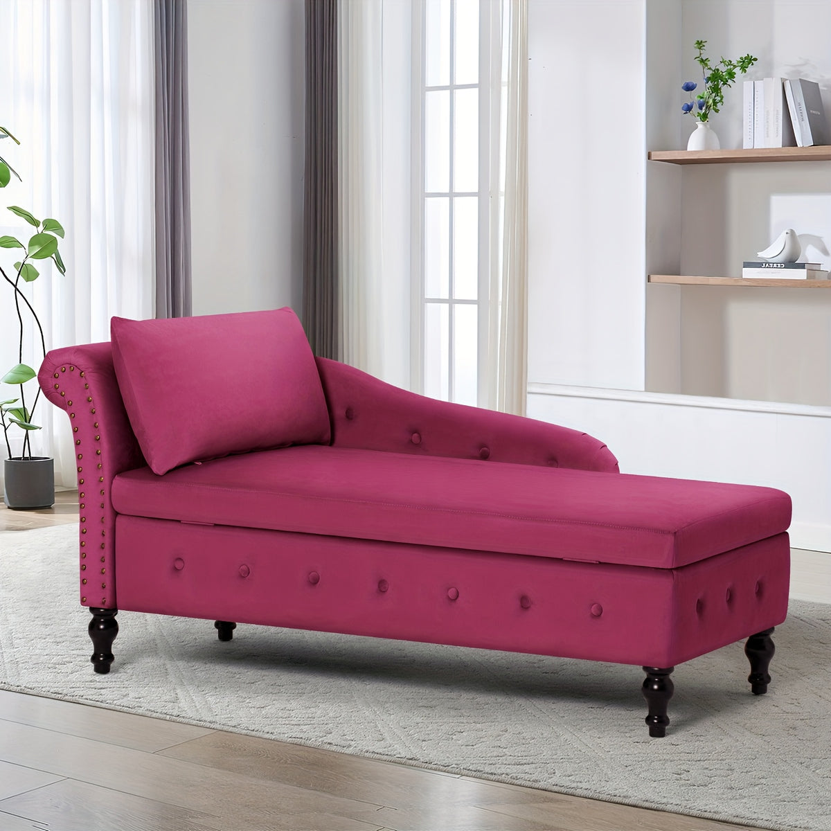 ACMEASE Classic Nailhead Trim Velvet Storage Chaise Lounge 57", Upholstered Chaise Sofa With Pillow & Turned Wood Legs For Living Room Decor