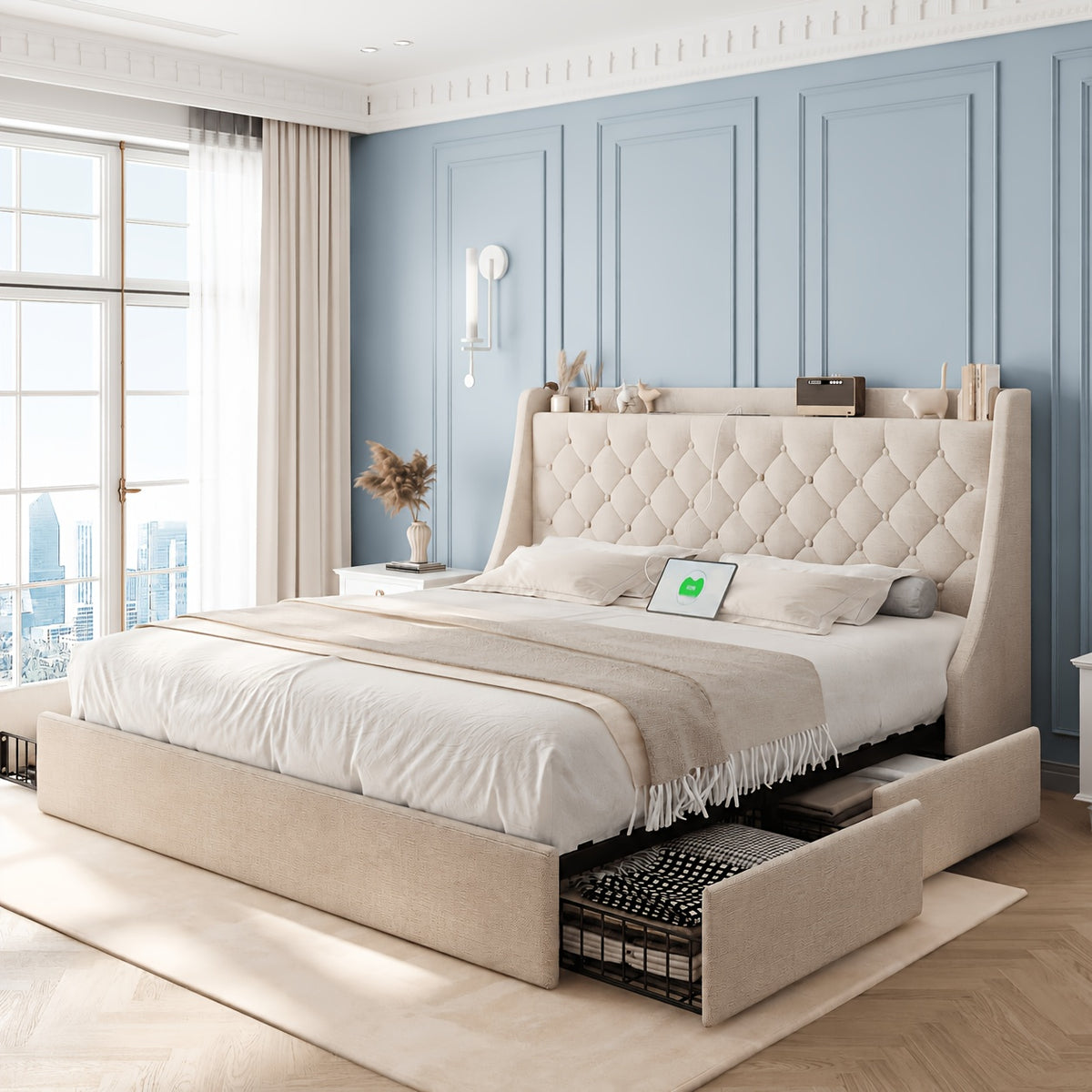 Bed Frame with Charging Station, Linen Fabric Storage Headboard, Storage Drawers on Both Sides, Solid Wood Slats Support