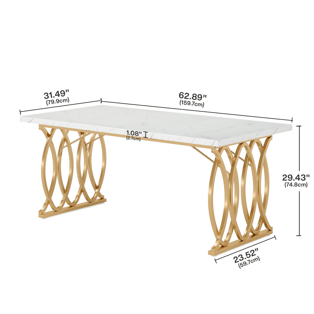 Modern Dining Table, 63" Large Kitchen Table for 4-6 People, Unique Rectangular Dinner Table Kitchen & Dining Room Furniture with Faux Marble Tabletop And Geometric Legs