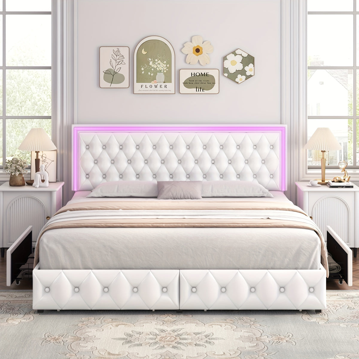 Full/Queen/King Size Modern Bed Frame with LED Headboard & 4 Storage Drawers - Upholstered Platform Bed, Button Tufted Headboard Suitable for Beige/White/Black - Assembly, No Box Spring Needed, Wood-Free