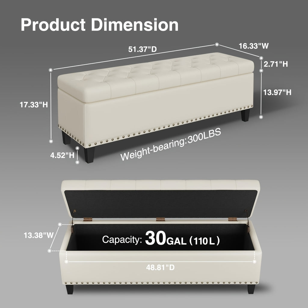 51-Inch Storage Ottoman Bench, Upholstered End of Bed Ottoman Bench with Storage and Seating, Large Faux Leather Bench for Foot Rest in Bedroom, Living Room, Entryway, Hallway