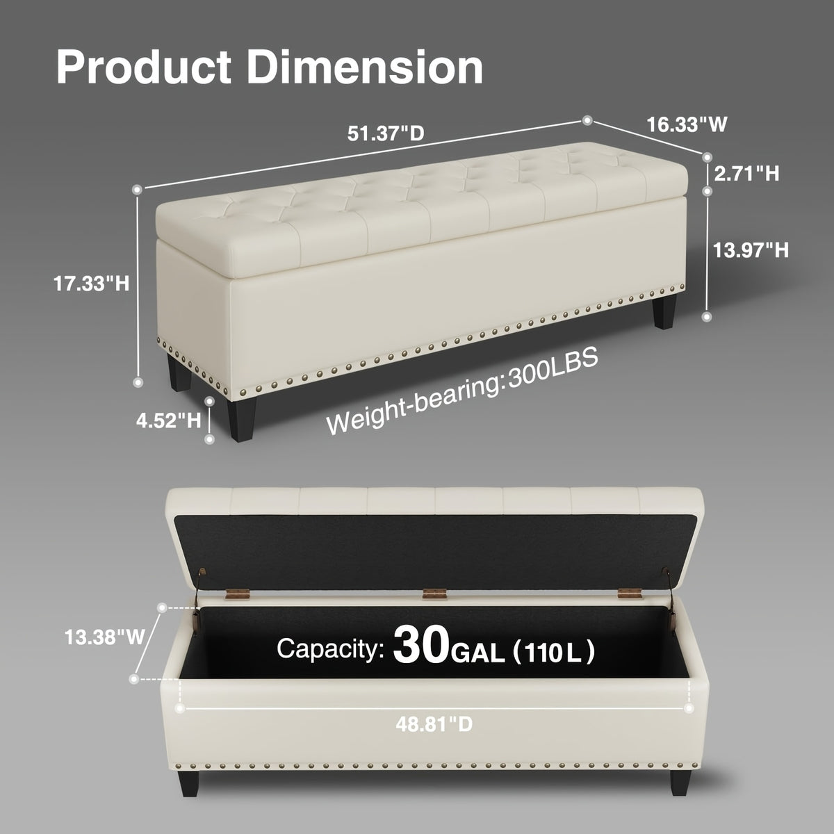 51-Inch Storage Ottoman Bench, Upholstered End of Bed Ottoman Bench with Storage and Seating, Large Faux Leather Bench for Foot Rest in Bedroom, Living Room, Entryway, Hallway