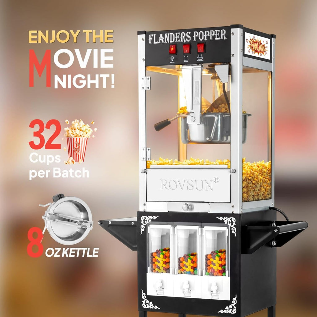 MEFEIR Popcorn Machine w/Cart, Wheels & 8 Oz Kettle Makes Up to 32 Cups ETL Certified, Popcorn Maker w/Candy Dispensers Stainless Steel Scoop, Oil Spoon & 3 Popcorn Cups for Commercial Home Theater