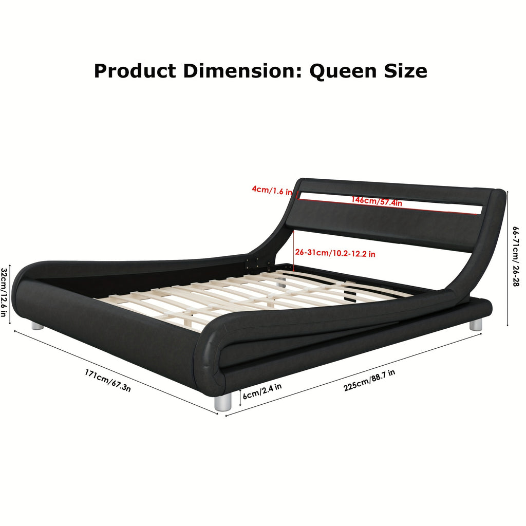 Modern Upholstered LED Bed Frame with Adjustable Headboard & Faux Leather Wave Bed - Metal Platform Bed Frame, No Box Spring Needed, Easy Assembly, Contemporary Bed for Small Spaces Suitable for Modern Bedrooms