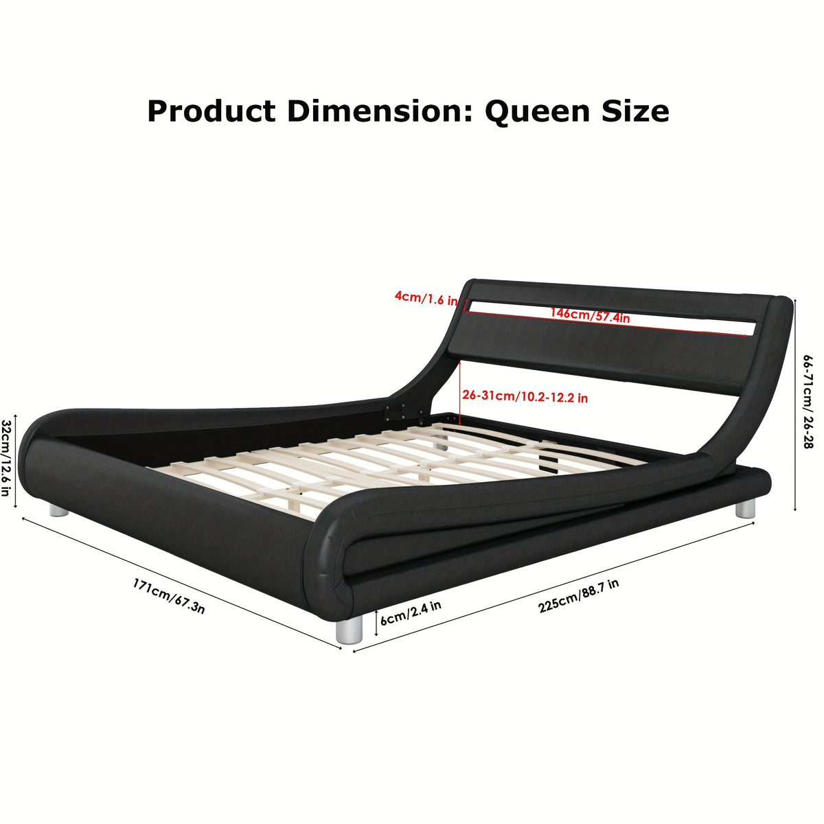 Modern Upholstered LED Bed Frame with Adjustable Headboard & Faux Leather Wave Bed - Metal Platform Bed Frame, No Box Spring Needed, Easy Assembly, Contemporary Bed for Small Spaces Suitable for Modern Bedrooms