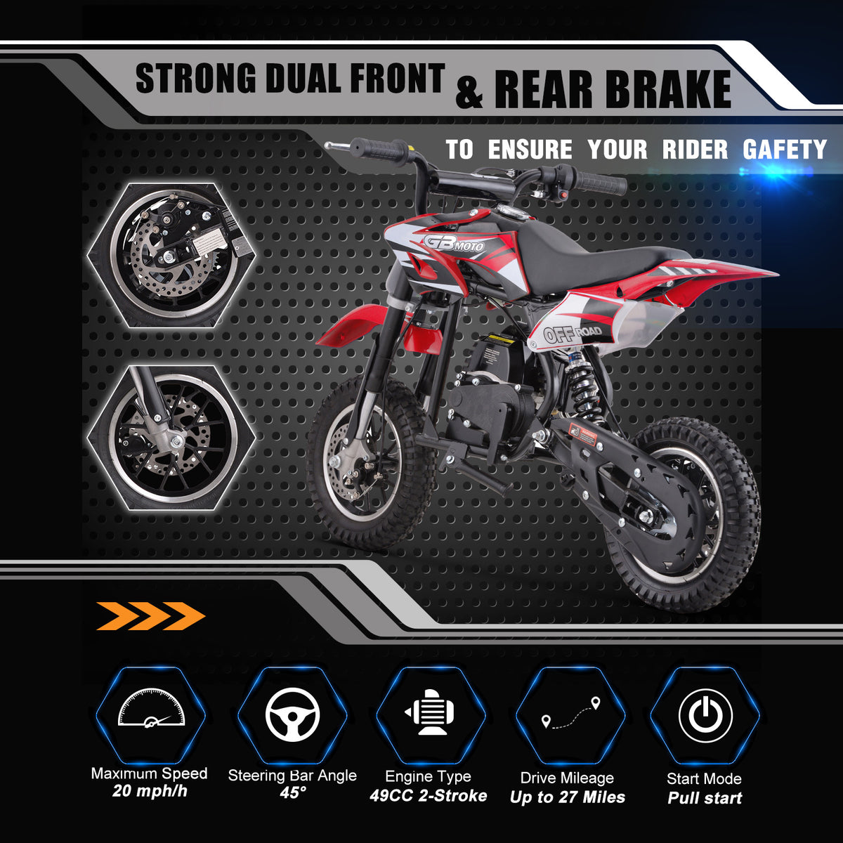 Mini Dirt Bike, 49 CC 2-Stroke Gas Bike (Model :DB001) with Off-Rode Tire, Suspensions, Disc Brakes, Max Load 160Lbs, Up to 20Mph-Included: gloves, face mask, cycling protective gear, cycling boots, and anti-theft lock.