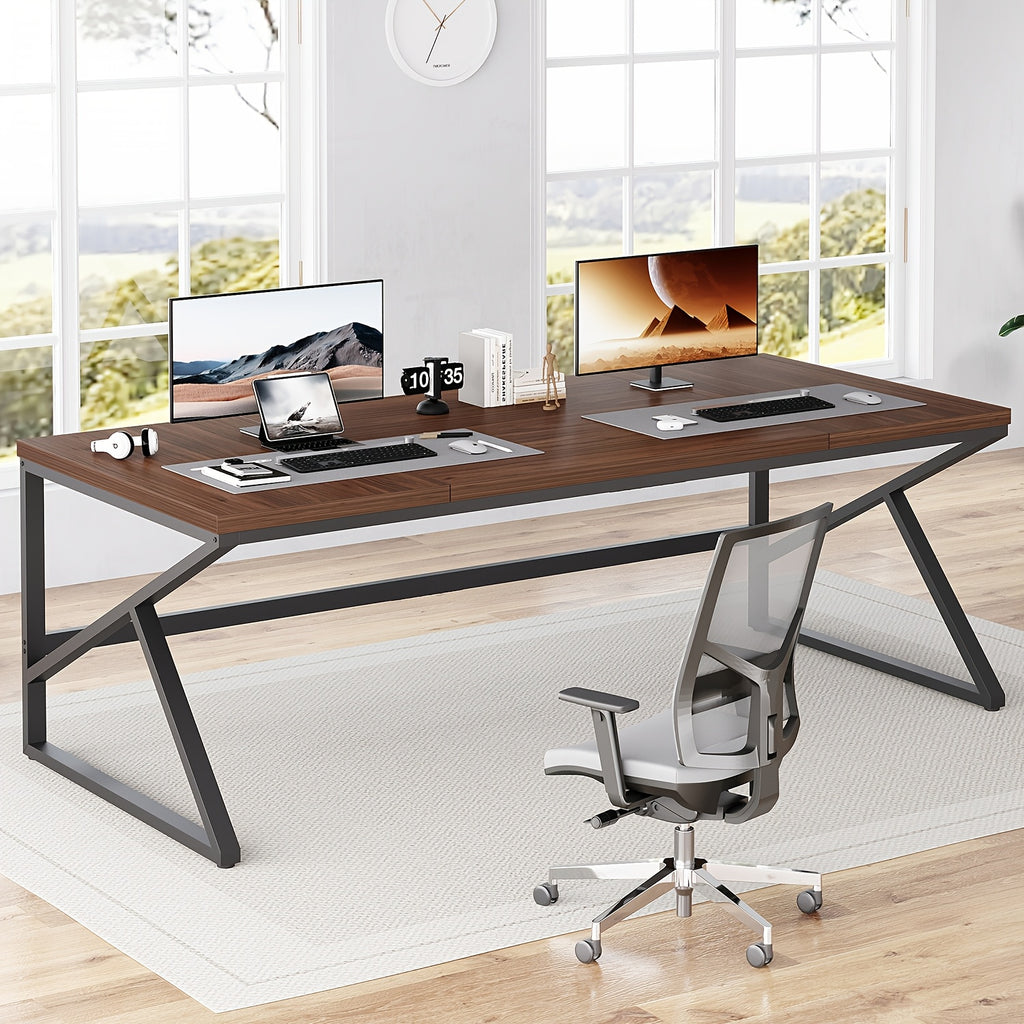 [Extra Long Computer Desk] 70 Inch Extra Long Computer Desk, Industrial Metal Wood Home Office Desk, Large PC Laptop Table For 2 Person Executive Writing Work Study Gaming, Bedroom Living Room Dual Monitor Desk, Dark Gray