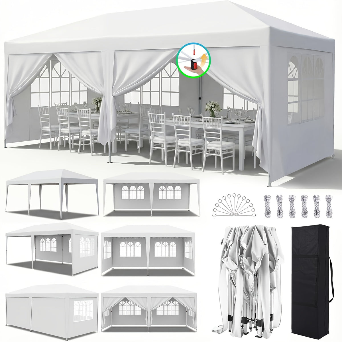 10X20ft Pop Up Wedding Party Tent with 6 Sidewalls, Heavy Duty Commercial Outdoor Canopy All Season Wind & Waterproof Canopy Gazebo with Storage Bag