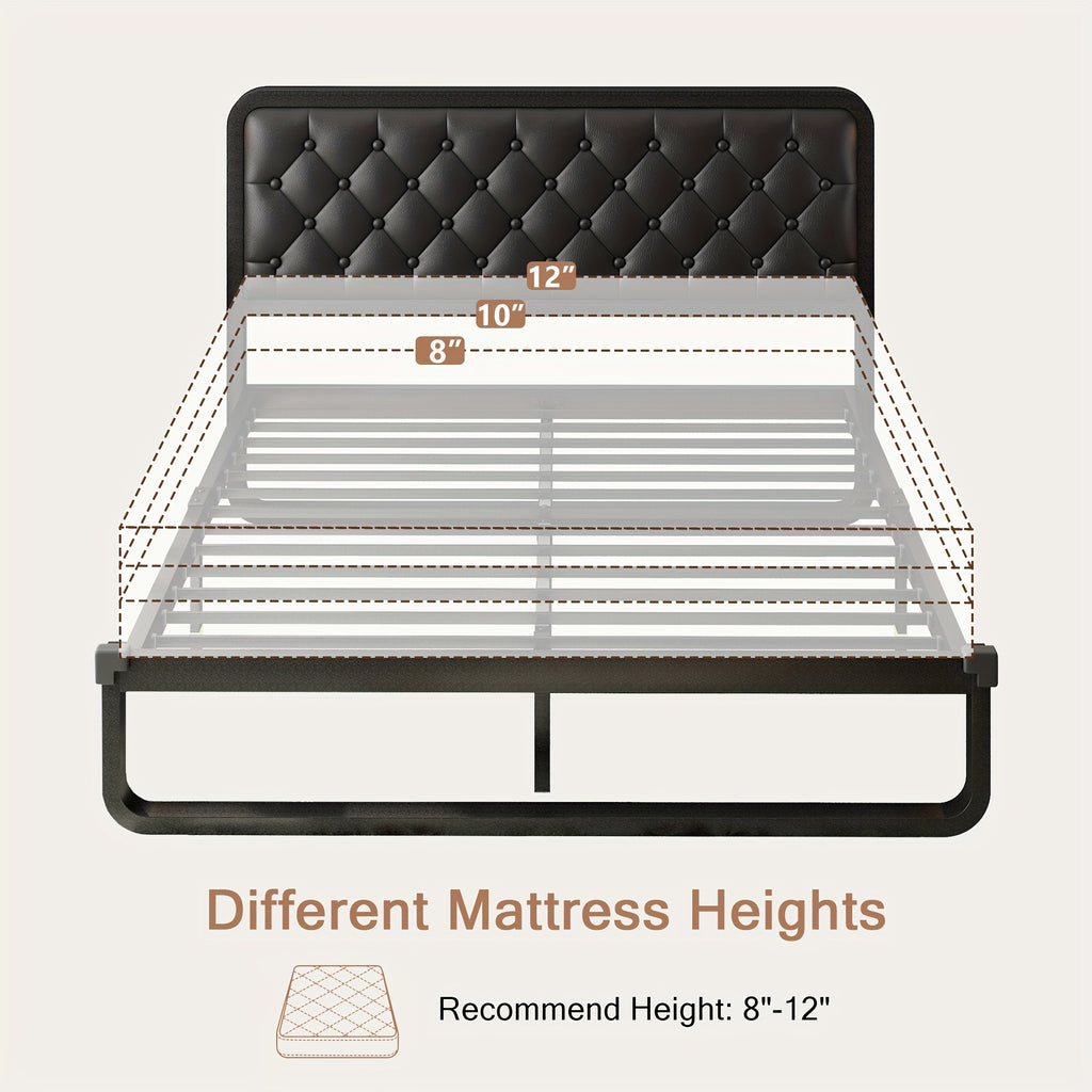 Sturdy Platform Bed Frame Featuring a Button-Tufted Headboard in Black Faux Leather Or Dark Grey Linen, Offering 12 Inches of Storage Space