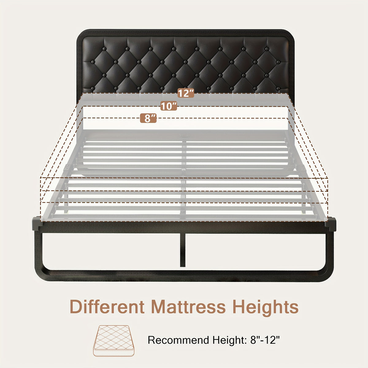 Sturdy Platform Bed Frame Featuring a Button-Tufted Headboard in Black Faux Leather Or Dark Grey Linen, Offering 12 Inches of Storage Space