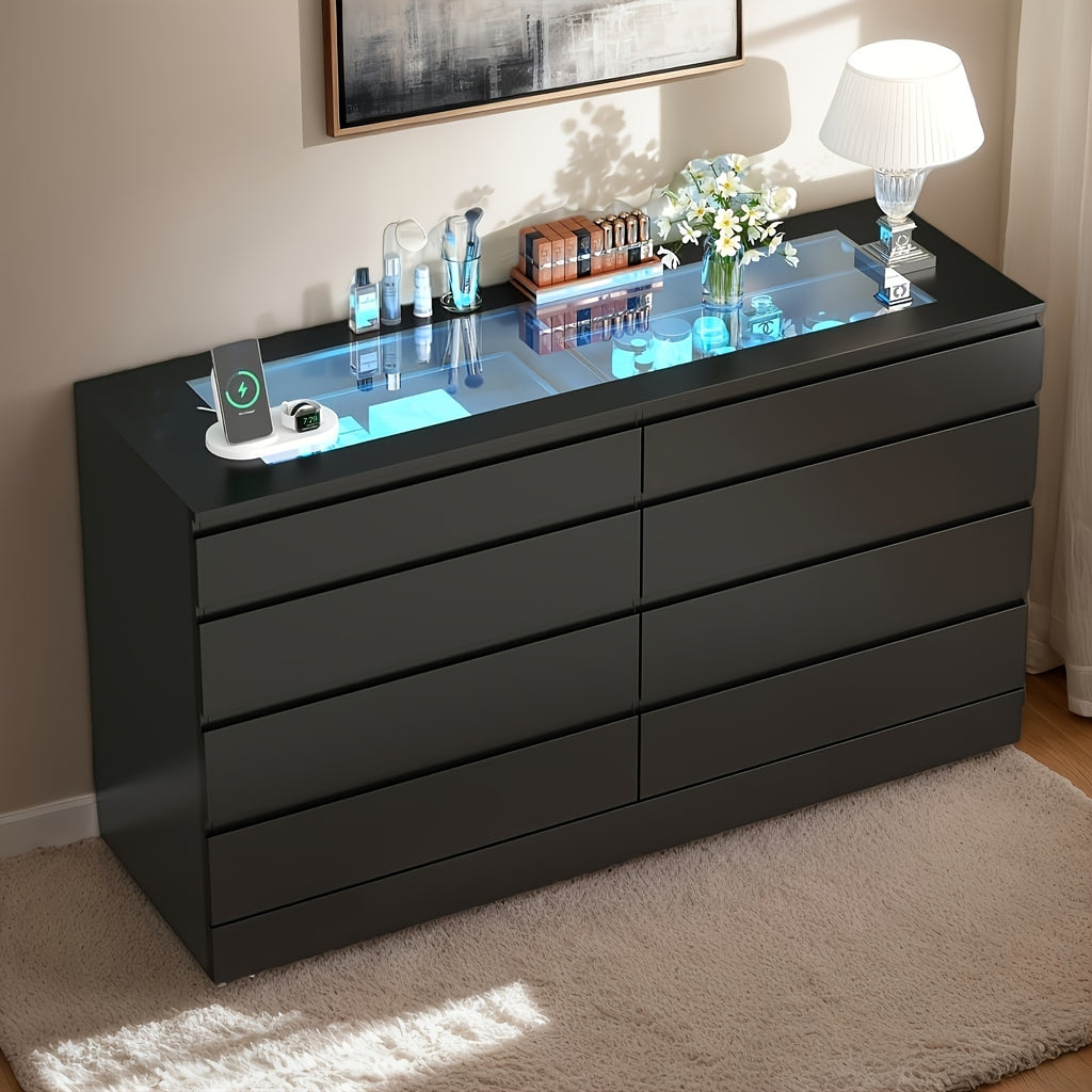 Chest of Drawer, 8-Drawer Dresser with Glass Top And Power Outlet, White Dresser for Bedroom, Modern Double Wide Drawer Organizer Cabinet for Bedroom, Living Room (15.75" D X 47.24" W X 30.71" H), Storage Drawer Units
