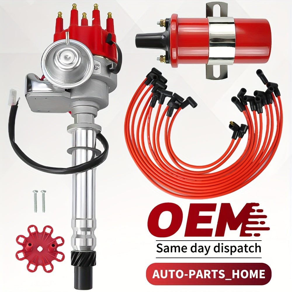 HEI Distributor Small Cap For Chevy 327 And 350 with Red Coil And 8.5Mm Wires Positioned Beneath The Exhaust