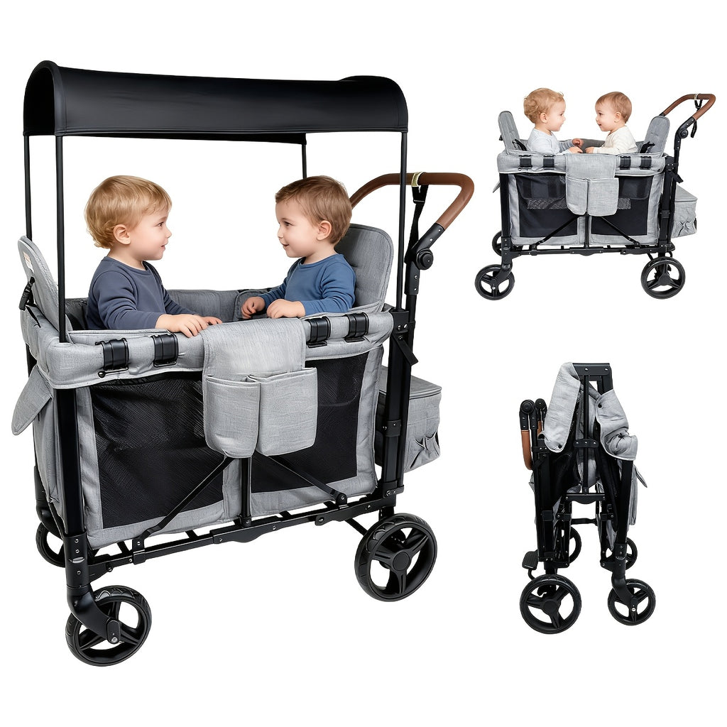 All-Terrain Stroller Wagon for 2 Kids (Available In Gray & Black) | Heavy-Duty Foldable Cart with Canopy, Snack Tray & 5-Point Harness | for Beach, Park, Family Adventures