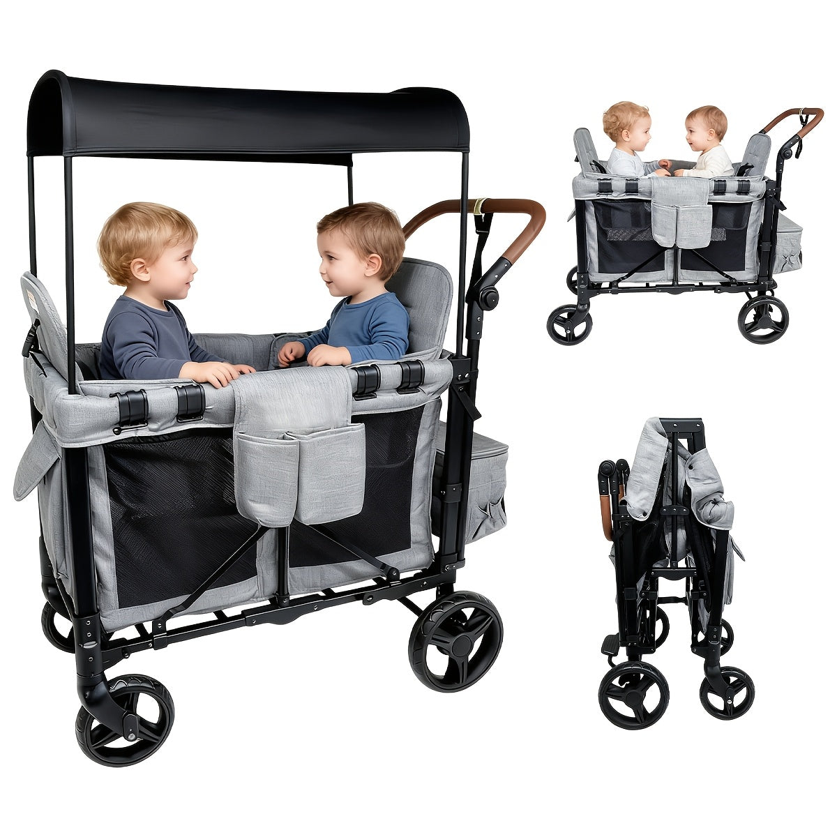 All-Terrain Stroller Wagon for 2 Kids (Available In Gray & Black) | Heavy-Duty Foldable Cart with Canopy, Snack Tray & 5-Point Harness | for Beach, Park, Family Adventures