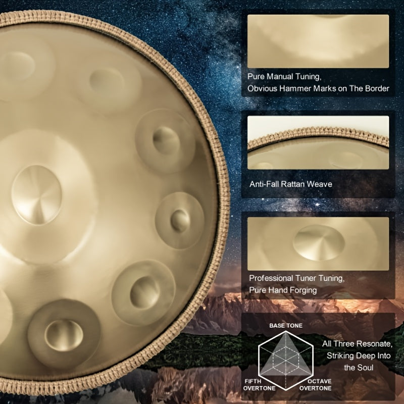 440Hz 10 Notes Handpan Drum, 22 Inch D Minor Kurd Hand Drum Instrument with Drum Bag, Dust-Free Cloth, Mallets, Stand, Sound Stickers for Adults Beginners, for Meditation, Music Therapy & Live Performances, Premium Steel