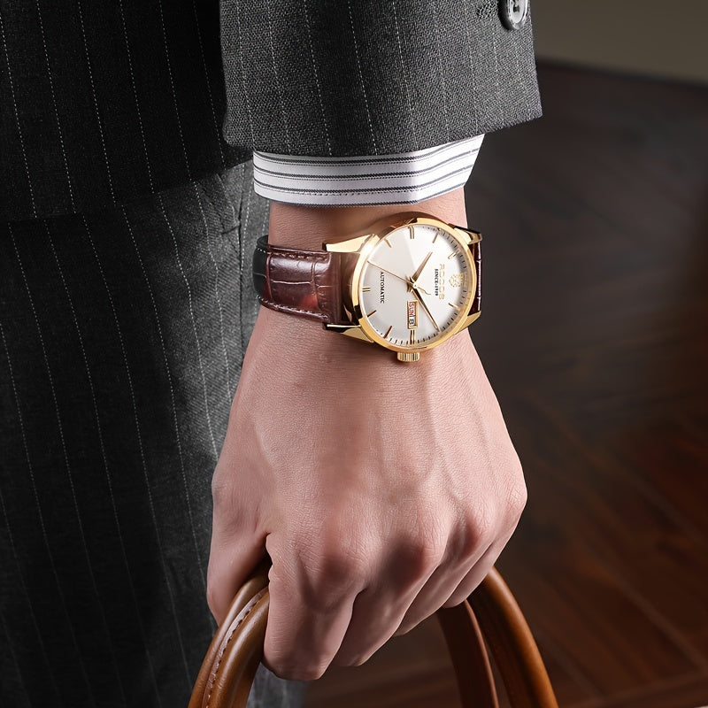 ROCOS Men's Watches High-end Business Watch for Men Automatic Mechanical Watch Classic Big Three Hands Golden Case Calfskin Strap Double Push Butterfly Buckle Calendar Day Of The Week Gift for Boyfriend