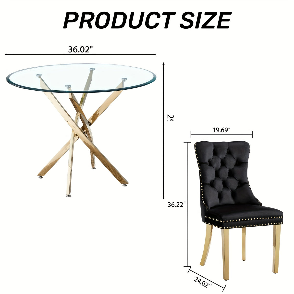 5/3/1pc Round Dining Table Set, Modern Tempered Glass Dining Table With Velvet Dining Chairs, 36" Kitchen Table With Stainless Steel Base For Living Room, Dining Room, Kitchen, Office, Lounge