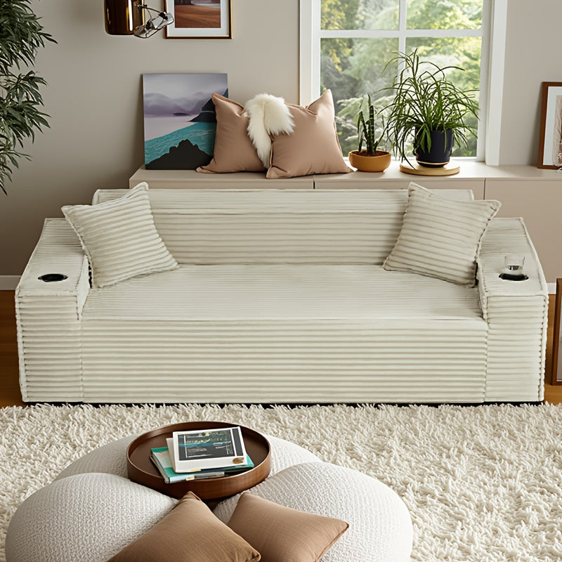 43.3-80.7" Corduroy Living Room Sofa, 3 Setaser Deep Seat Couch With 3 Lumbar Pillows, Comfy Boneless Sofa Modern Compressed Couch For Bedroom, Office, Apartment