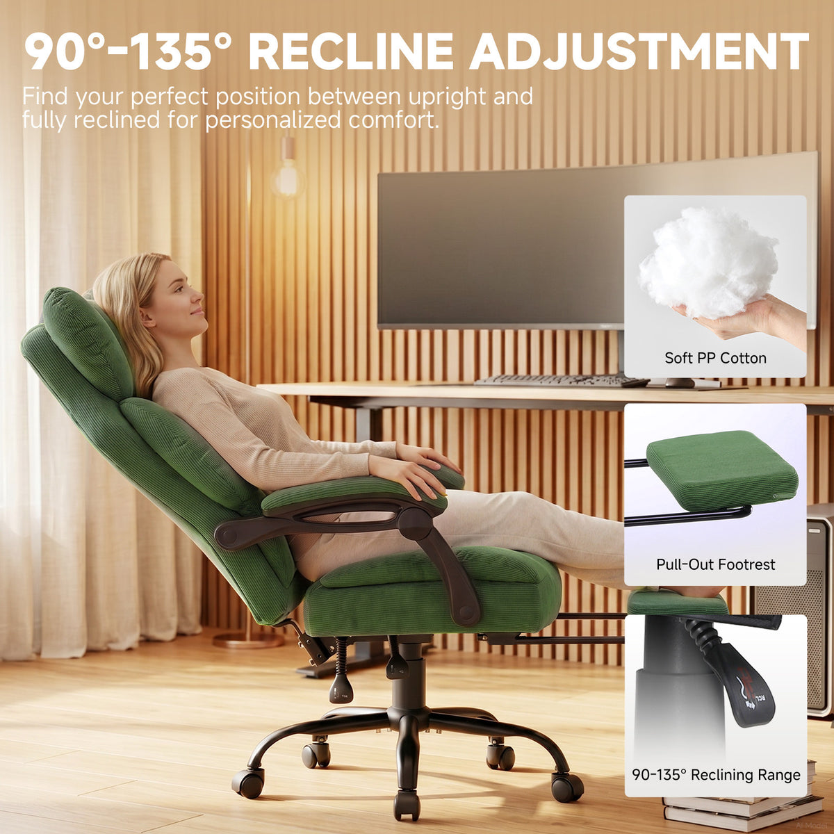 Ergonomic High Back Office Chair with Linkage Widened Armrest, Big&Tall Executive Office Chair, Gaming Chair, Thick Pocket Spring Wide Seated Cushion, Desk Chair with Retractable Footrest for Adults, Faux Leather/Corduroy/Fabric, OC-305