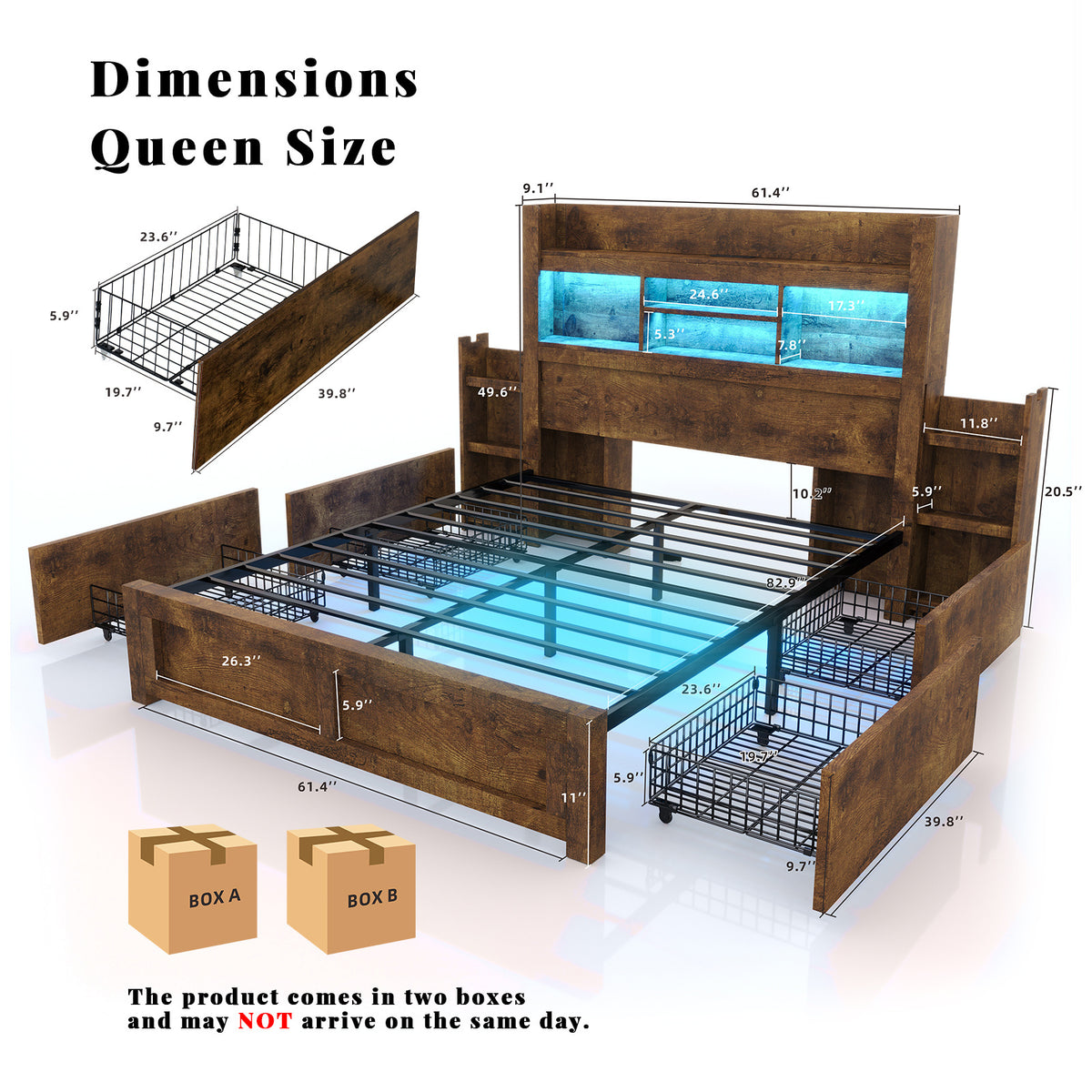 PAPABABE Bed Frame With 49.6 Inch Bookcase Headboard, 4 Drawers And 2 Detachable Storage Racks - Farmhouse Wood Bed Frame With RGB LED Lights And Charging Station, No Box Spring Needed
