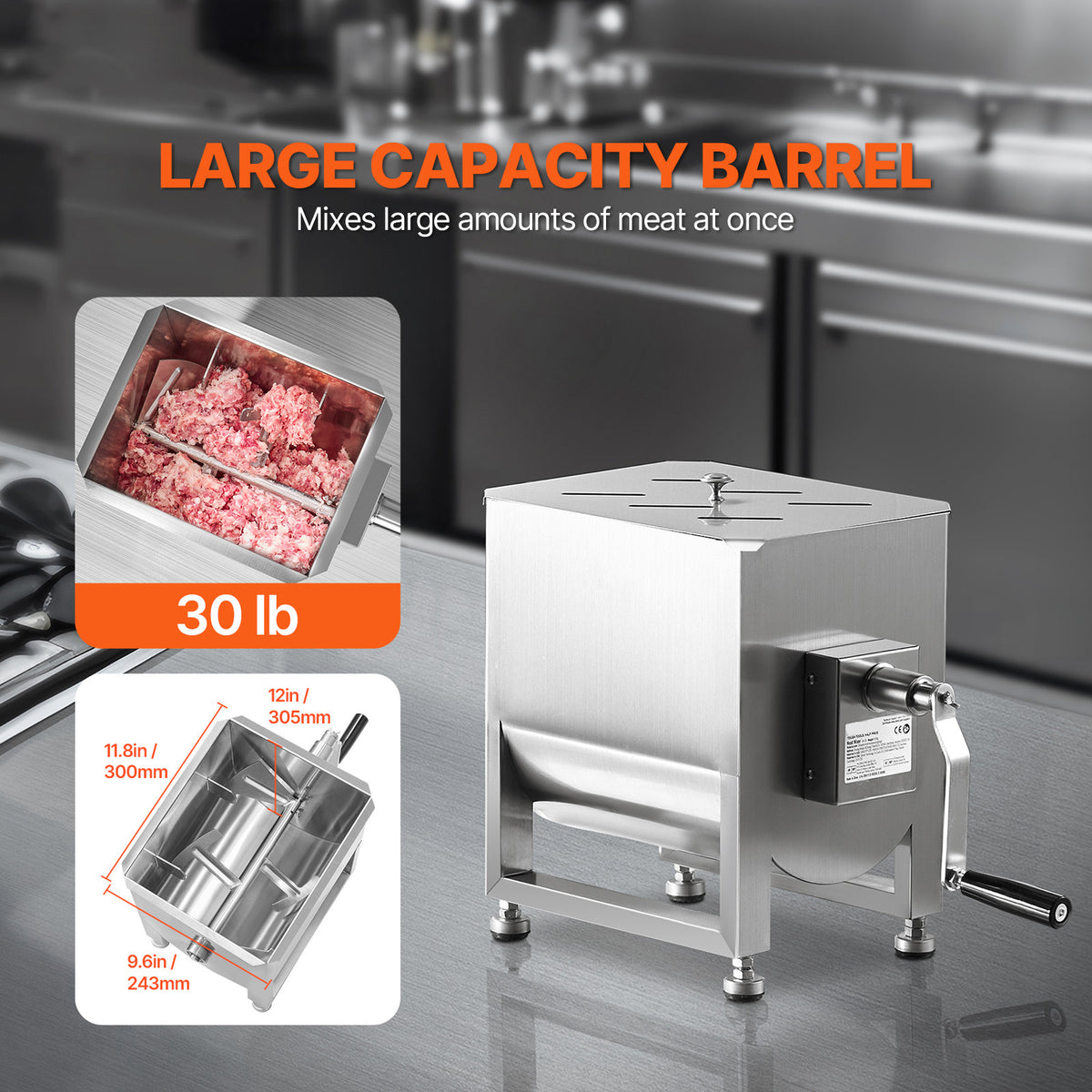 VEVOR Manual Meat Mixer 10L/20L/30L/40L Fixed Tank Mixing Max 60LB for Meat Sausage Mixer, Non-tiltable style/Tiltable style