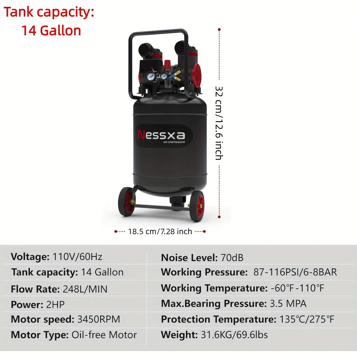 Ideal Choice for Father's Day Gift - 14 Gallon - 110V/60Hz - Pressure Quiet Air Compressor with 2 Quick Couplers 2HP 8.75 CFM, Max 115 PSI Oil-Free Air Compressor Tank, 70dB Quiet Compressor for Auto Repair, Tire Inflation