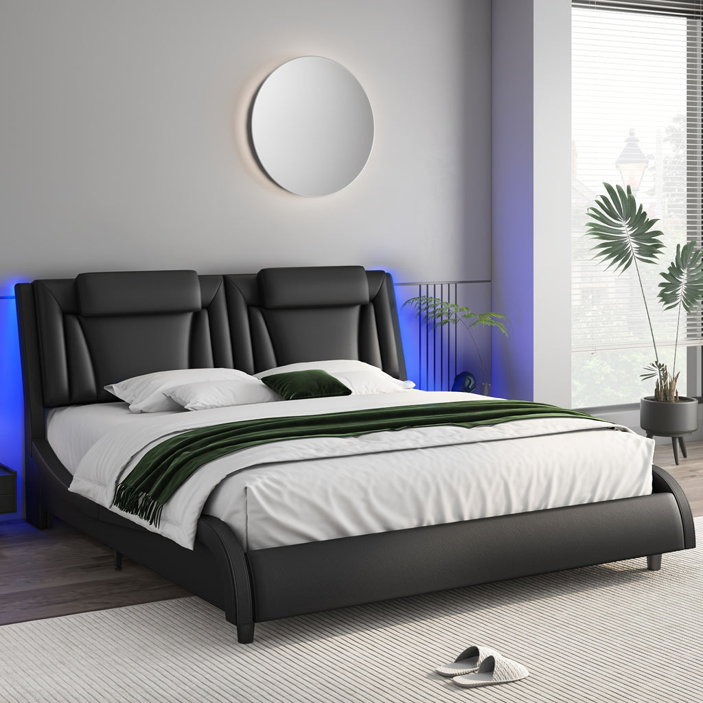 Upholstered Bed Frame Available in Full, Queen, And King Sizes Featuring an Adjustable Headboard, a Wavy Design, a Removable Backrest, And Solid Wooden Slats for Support, Eliminating The Need for a Box Spring, Offered in Faux Leather in White