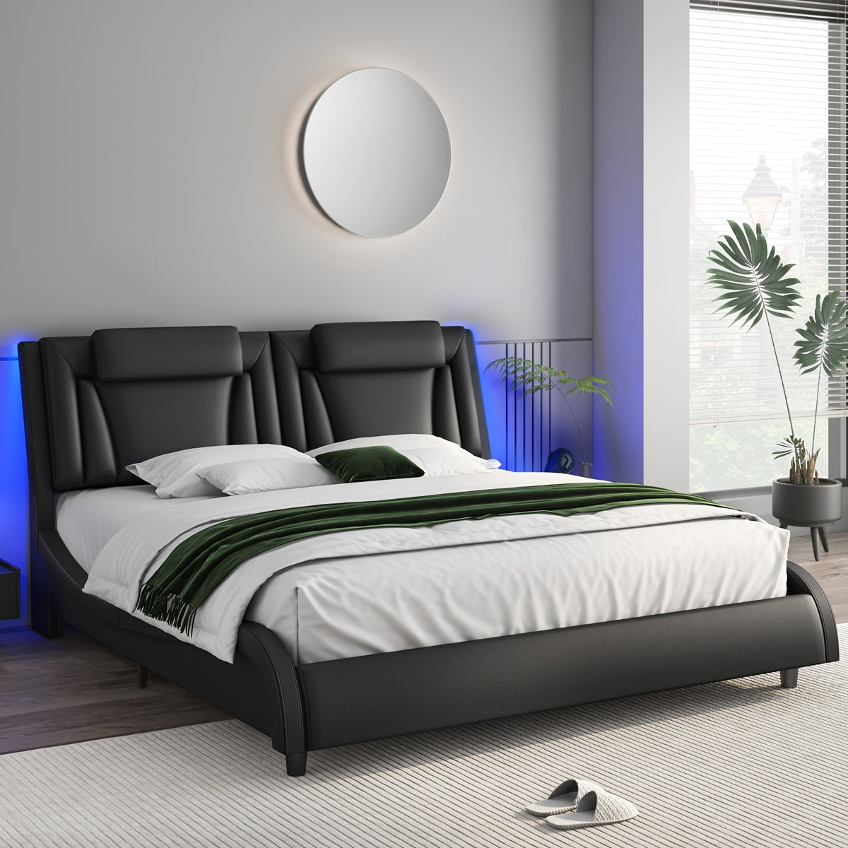 Upholstered Bed Frame Available in Full, Queen, And King Sizes Featuring an Adjustable Headboard, a Wavy Design, a Removable Backrest, And Solid Wooden Slats for Support, Eliminating The Need for a Box Spring, Offered in Faux Leather in White