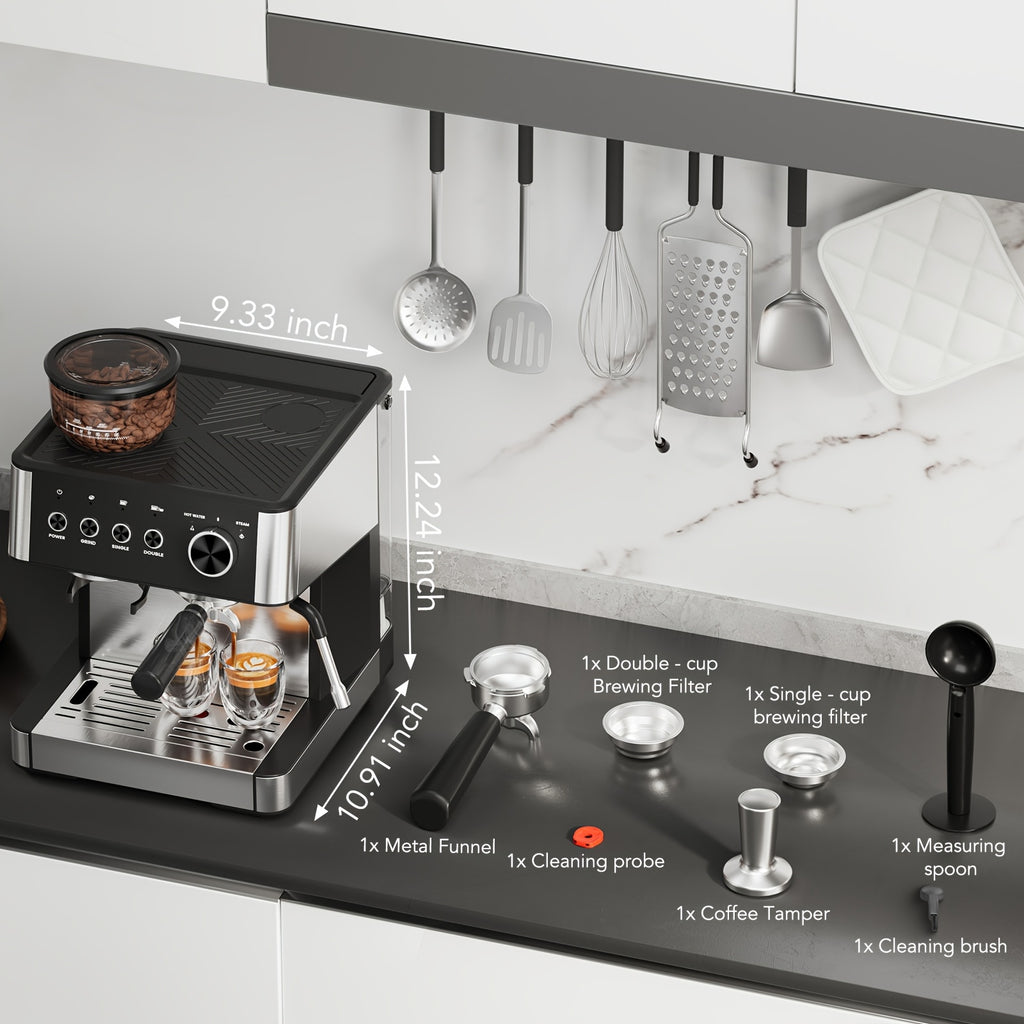All-In-One Espresso Machine With Built-In Grinder, 15-Bar Pressure, Steam Milk Frother Wand, Cappuccino & Espresso Maker With Hot Water Dispenser